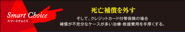 スマートチョイス 死亡補償を外す そして、クレジットカード付帯保険の場合補償が不充分なケースが多い治療・救援費用を手厚くする。